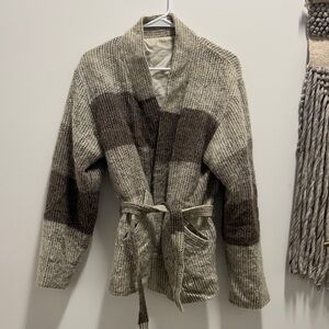 Vintage wool Beige and Brown Striped Knit Belted Cardigan